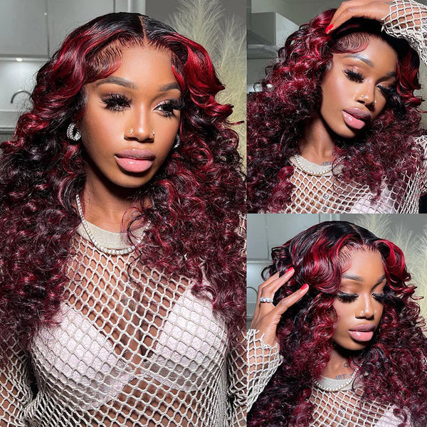 Dark Burgundy With Rose Red Highlights Body Wave HD Lace 13x4 Transparent Lace 180% Density Color Wigs Free Part