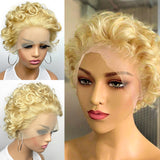 OM HAIR MAY 613 Blond Lace Front Wig Short Curly Styled Wig Pixie Cut Wig 13x4 Frontal Lace Bob Wig Glueless Brazilian Virgin Human Hair Pre-Plucked With Baby Hair