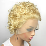 OM HAIR MAY 613 Blond Lace Front Wig Short Curly Styled Wig Pixie Cut Wig 13x4 Frontal Lace Bob Wig Glueless Brazilian Virgin Human Hair Pre-Plucked With Baby Hair