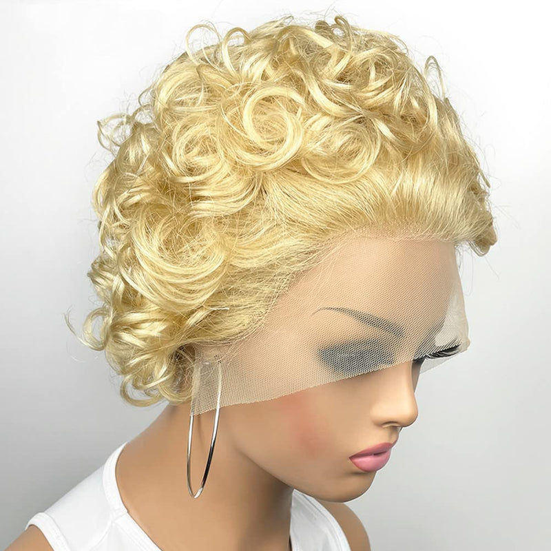 OM HAIR MAY 613 Blond Lace Front Wig Short Curly Styled Wig Pixie Cut Wig 13x4 Frontal Lace Bob Wig Glueless Brazilian Virgin Human Hair Pre-Plucked With Baby Hair