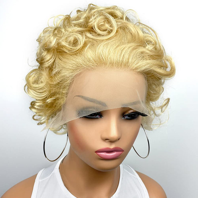 OM HAIR MAY 613 Blond Lace Front Wig Short Curly Styled Wig Pixie Cut Wig 13x4 Frontal Lace Bob Wig Glueless Brazilian Virgin Human Hair Pre-Plucked With Baby Hair