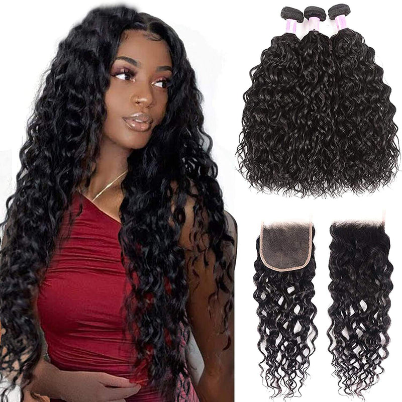 10a Brazilian Virgin Human Hair Water Wave Human Hair 3 Bundles with 4x4 Lace Closure Unprocessed Virgin Human Hair Weave Extensions Natural Color