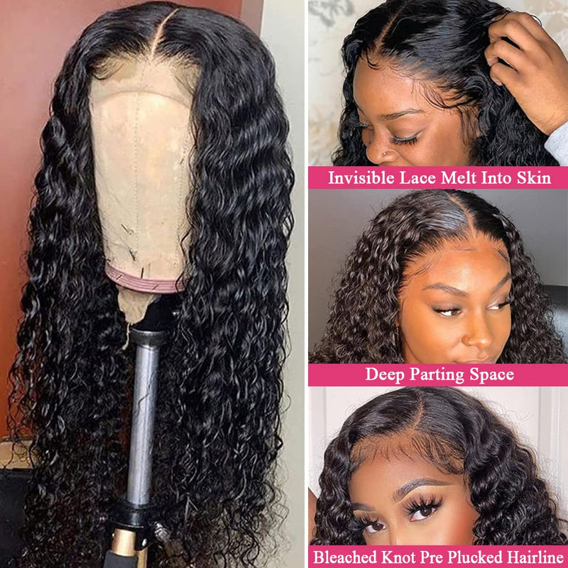 18-32 4x4  HD Lace Closure Wig Human Hair Wig Deep Wave Natural Black