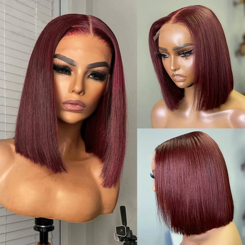 99 J Burgundy Wigs Human Hair Straight Short Bob Wig For Women 13X4 HD Lace Front Wigs Human Hair Brazilian Lace Wig Pre Plucked With Baby Hair