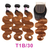 BUY 3 BUNDLES GET 1 FREE CLOSURE 1B/30 Ombre Dark Blonde Non Remy Body Wave Human Hair Bundles With Closure