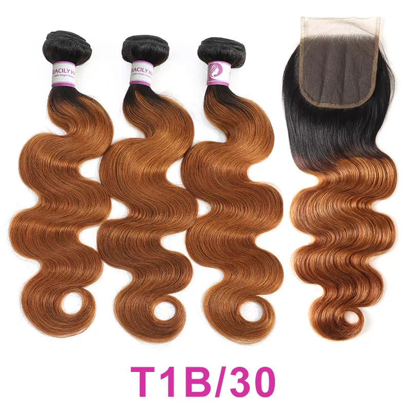 BUY 3 BUNDLES GET 1 FREE CLOSURE 1B/30 Ombre Dark Blonde Non Remy Body Wave Human Hair Bundles With Closure