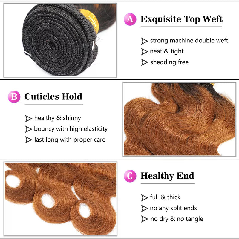 BUY 3 BUNDLES GET 1 FREE CLOSURE 1B/30 Ombre Dark Blonde Non Remy Body Wave Human Hair Bundles With Closure