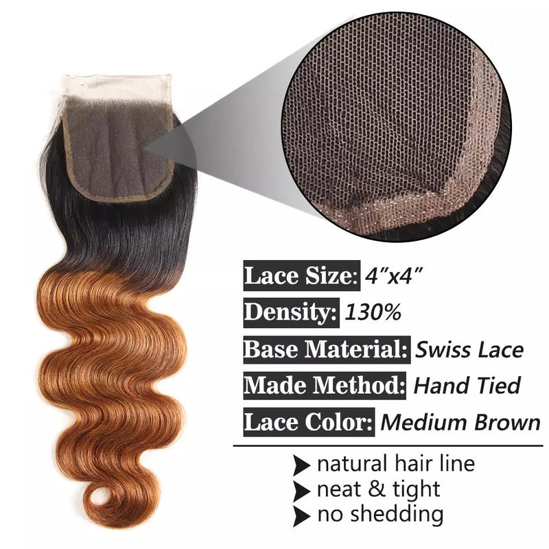 BUY 3 BUNDLES GET 1 FREE CLOSURE 1B/30 Ombre Dark Blonde Non Remy Body Wave Human Hair Bundles With Closure