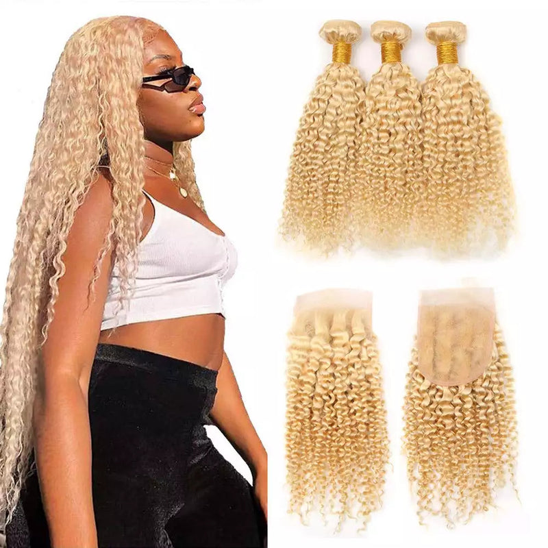 613 Kinky Curly Bundles Blonde Human Hair Bundles 10A Brazilian Kinky Curly 3 Bundles